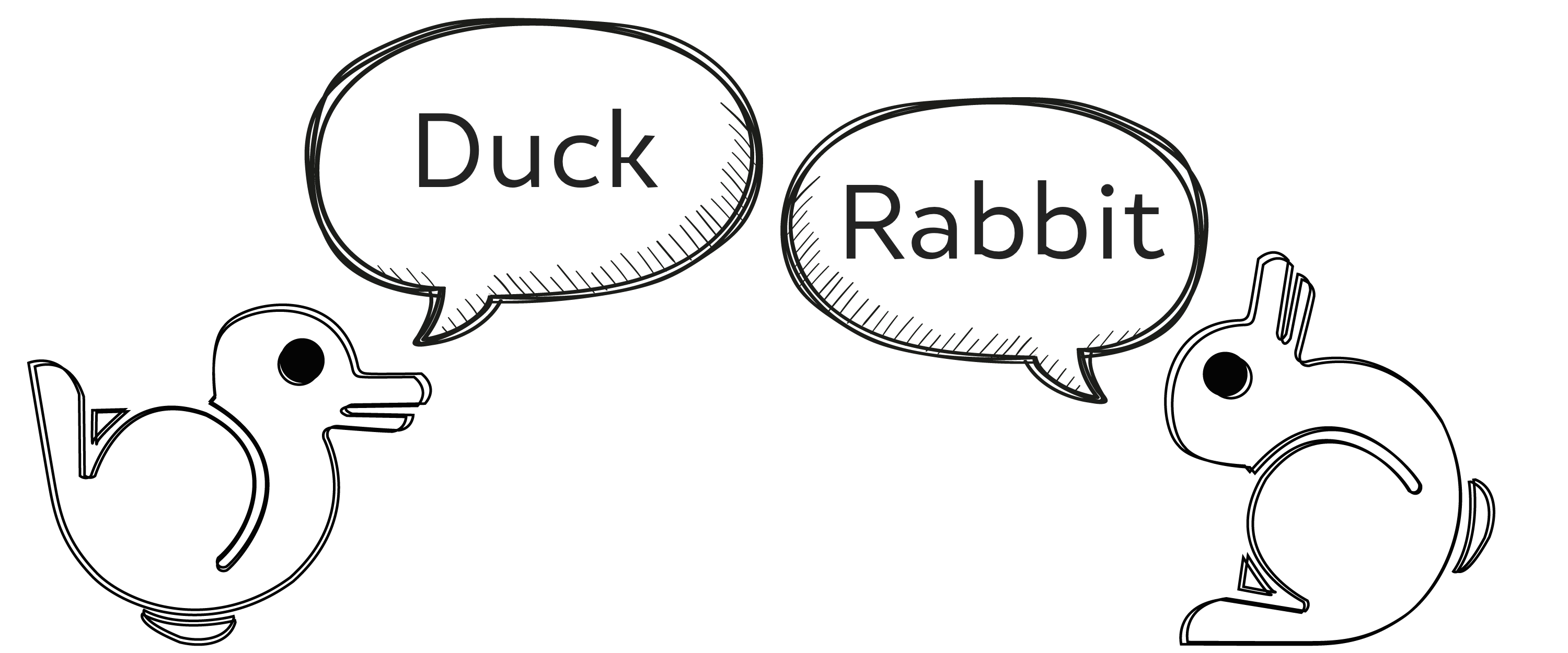 A pair of a duck and rabbit, each drawn with the exact same shape, only rotated 90 degrees