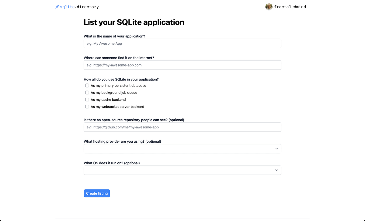 A screenshot of the sqlite.directory listing form